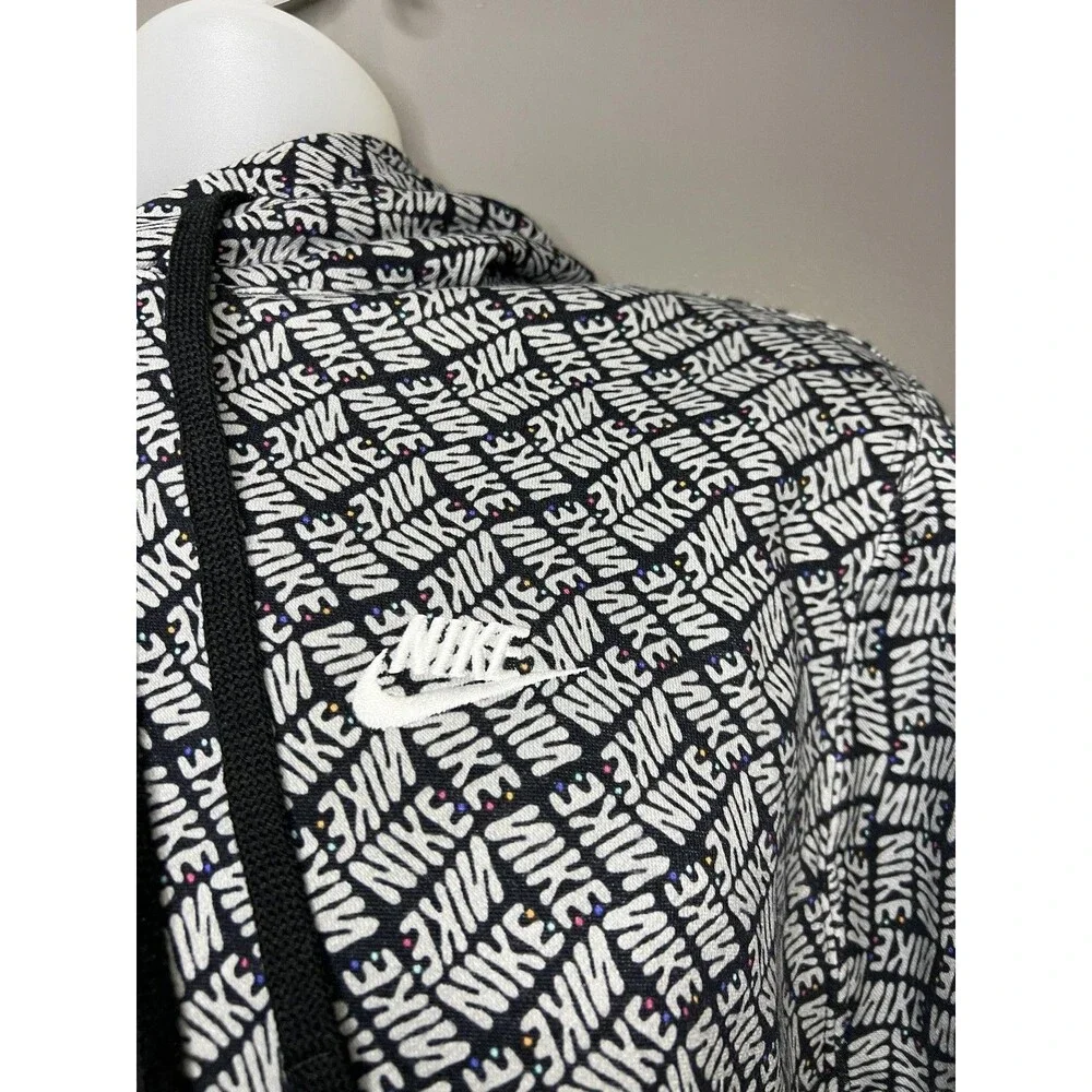 Nike Hoodie Mens Large Black Allover Graphic Logo Fleece Pullover Sweatshirt